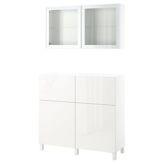 BESTÅ storage combination w doors/drawers, white/Selsviken/Stubbarp high gloss/white clear glass