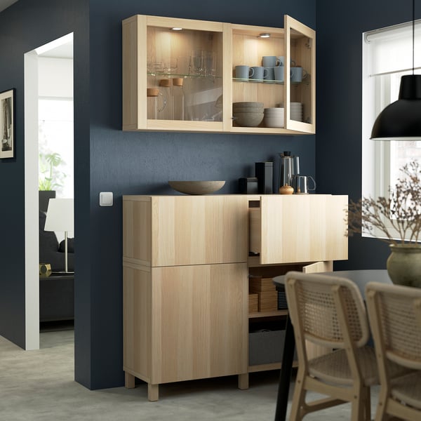 BESTÅ Storage combination w doors/drawers, white stained oak effect/Lappviken/Stubbarp wht stained oak effect clear glass, 47 1/4x16 1/2x83 7/8 "