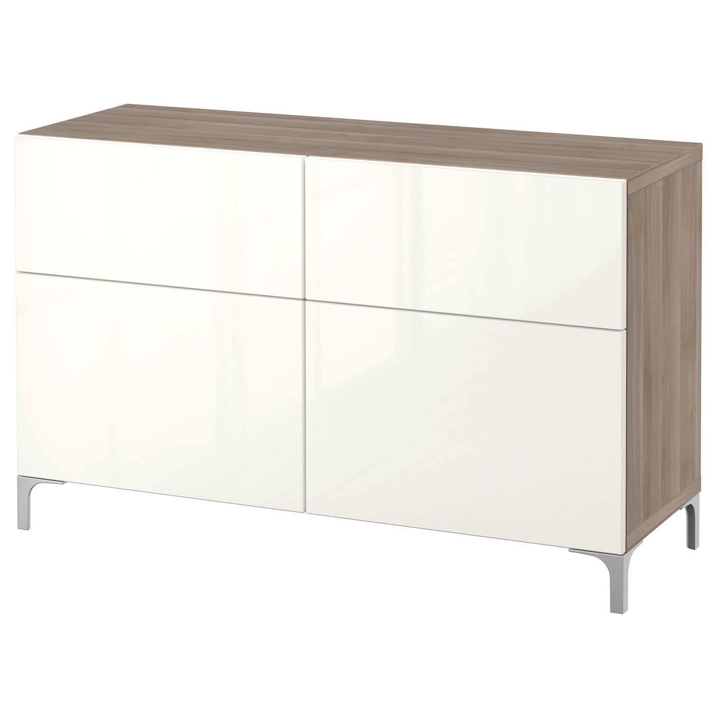 BESTÅ Storage combination w doors/drawers walnut effect light gray, Selsviken highgloss/white