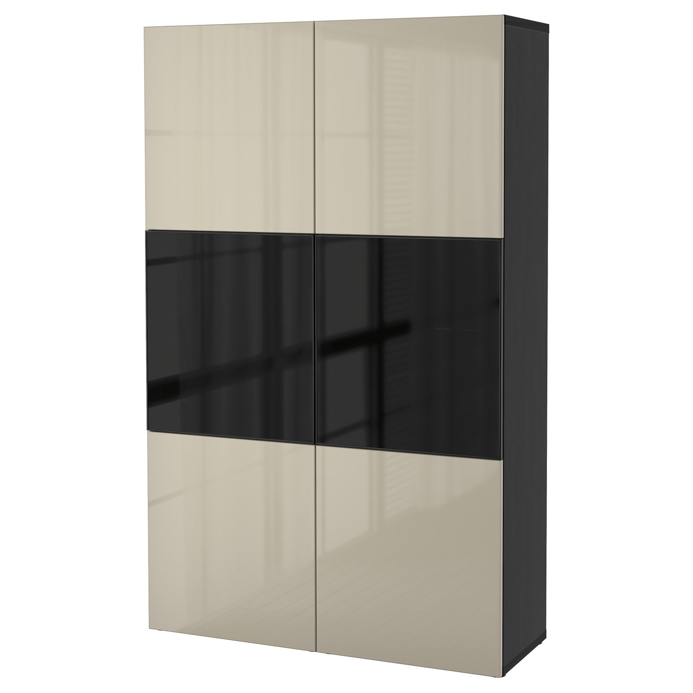 Storage Combination W/Glass Doors, Black-Brown/Selsviken High Gloss/Beige Smoked Glass