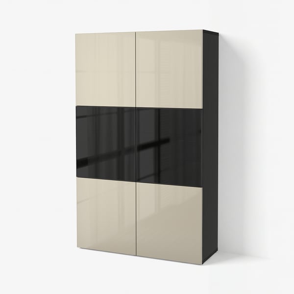 BESTÅ Storage combination w/glass doors, black-brown/Selsviken high gloss/beige smoked glass, 47 1/4x16 1/2x76 "