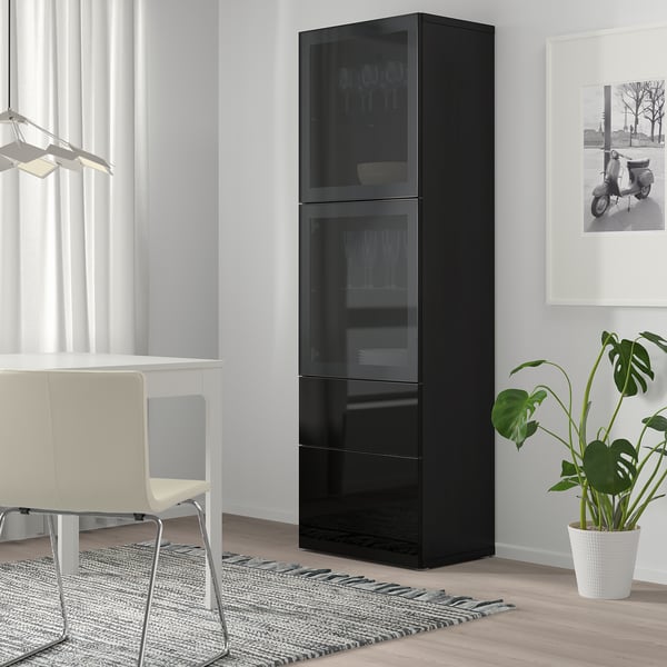 BESTÅ Storage combination w/glass doors, black-brown/Selsviken high gloss/black smoked glass, 23 5/8x16 1/2x76 "