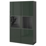 BESTÅ Storage combination w/glass doors, black-brown Selsviken/high gloss dark olive-green, 47 1/4x16 1/2x76 "