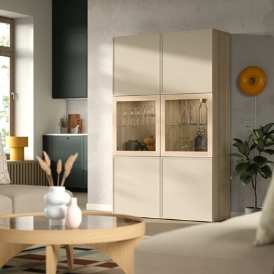 BESTÅ Storage combination w/glass doors, white stained oak effect/Krukmakare beige, 47 1/4x16 1/2x76 "