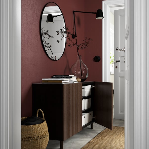 BESTÅ Storage combination with doors, black-brown Björköviken/Mejarp/brown stained oak veneer, 47 1/4x16 1/2x29 1/8 "
