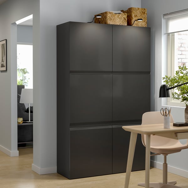 BESTÅ Storage combination with doors, black-brown/Hammarsmed anthracite, 47 1/4x16 1/2x76 "