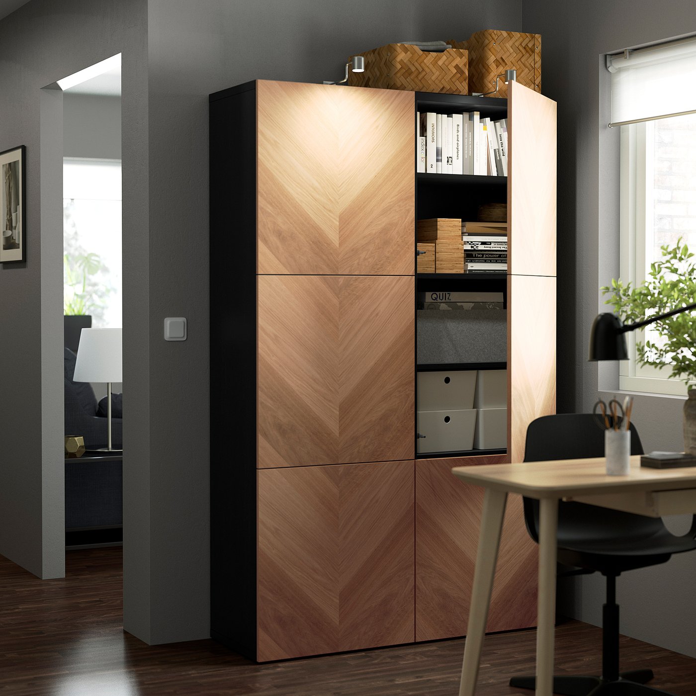 Storage combination with doors, black-brown/Hedeviken oak veneer 2