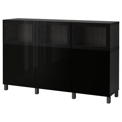 Black BESTÅ sideboard with glass doors, modern design, adjustable shelves, soft-closing hinges, dark wood.