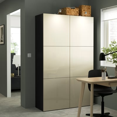 BESTÅ Storage combination with doors, black-brown/Selsviken high-gloss/beige, 47 1/4x16 1/2x76 "