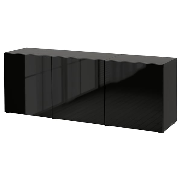 BESTÅ Storage combination with doors, black-brown/Selsviken high-gloss/black, 70 7/8x16 1/2x25 5/8 "