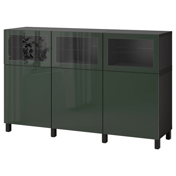 BESTÅ Storage combination with doors, black-brown Selsviken/high gloss dark olive-green, 70 7/8x16 1/2x44 1/8 "
