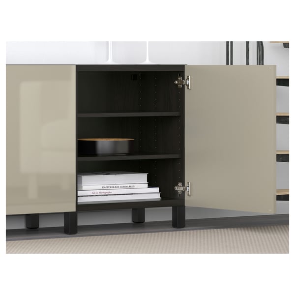 BESTÅ Storage combination with doors, black-brown/Selsviken/Stubbarp high-gloss/beige, 70 7/8x16 1/2x29 1/8 "