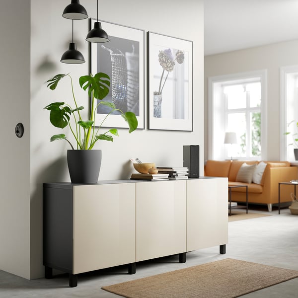 BESTÅ Storage combination with doors, black-brown/Selsviken/Stubbarp high-gloss/beige, 70 7/8x16 1/2x29 1/8 "