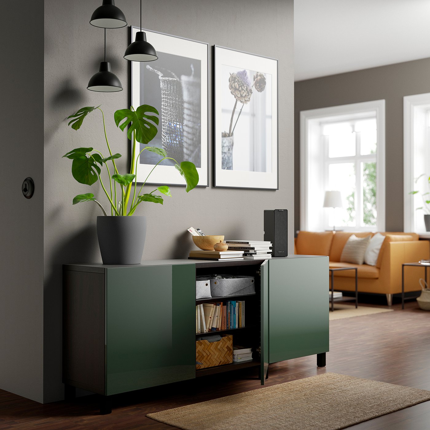 BESTÅ storage combination with doors, black-brown Selsviken