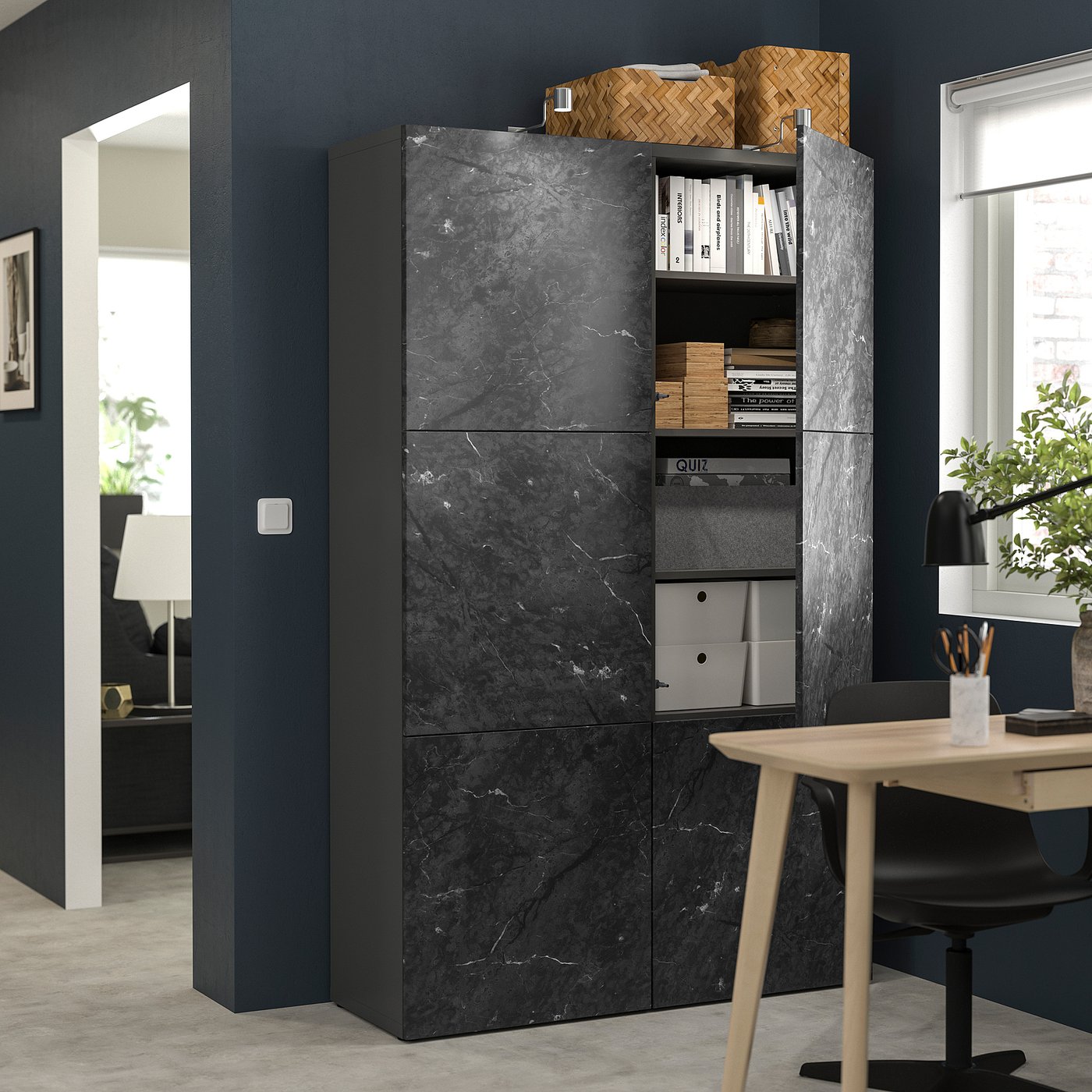 Storage combination with doors, dark gray Bergsviken/black marble effect 3