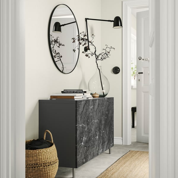 BESTÅ Storage combination with doors, dark gray Bergsviken/Ösarp/black marble effect, 47 1/4x16 1/2x29 1/8 "