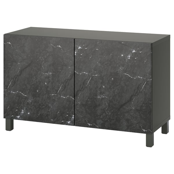 BESTÅ Storage combination with doors, dark gray Bergsviken/Stubbarp/black marble effect, 47 1/4x16 1/2x29 1/8 "
