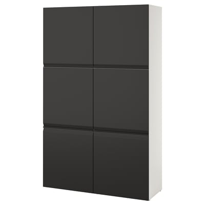 This image an ikea BESTÅ cabinet in black. It has six doors and is rectangular in shape. The design is sleek and modern, ideal for storage.