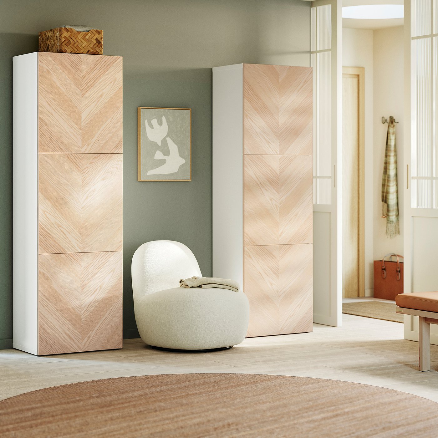BESTÅ storage combination with doors, white/Hedeviken ash veneer