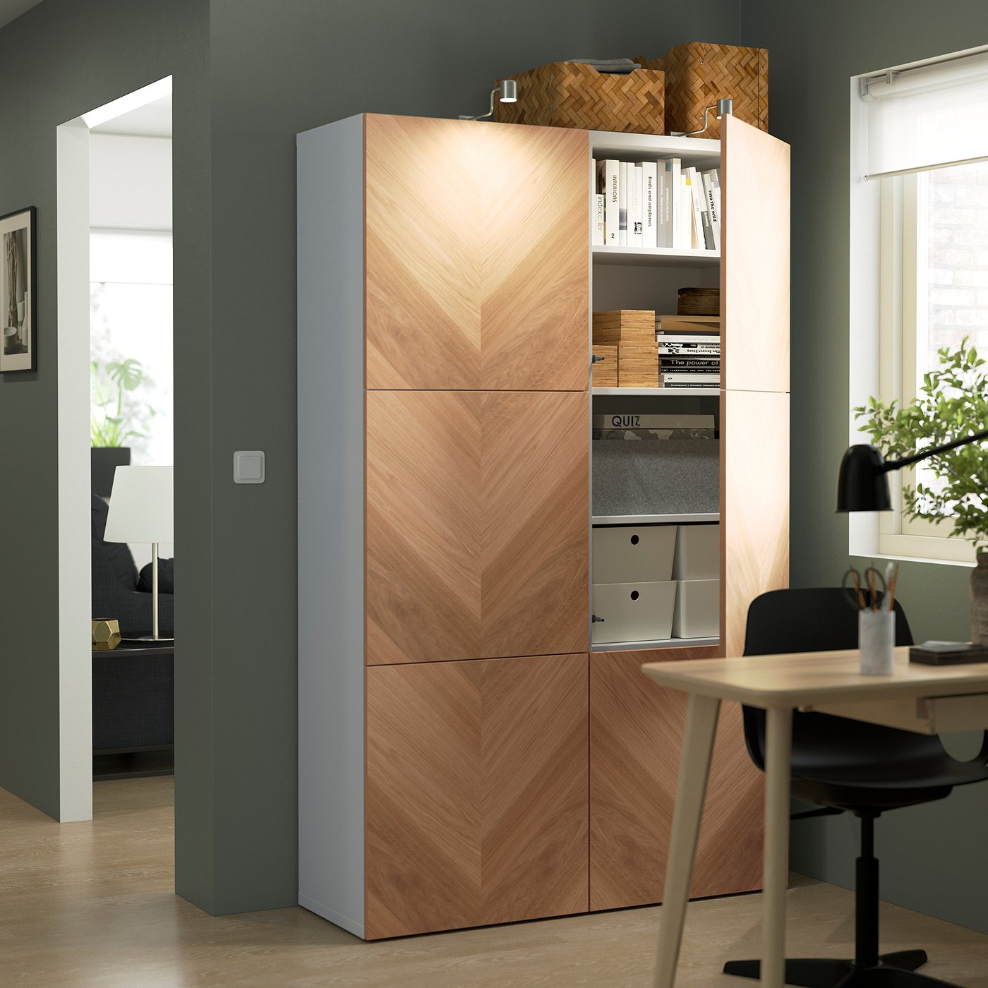 BESTÅ storage combination with doors, white/Hedeviken oak