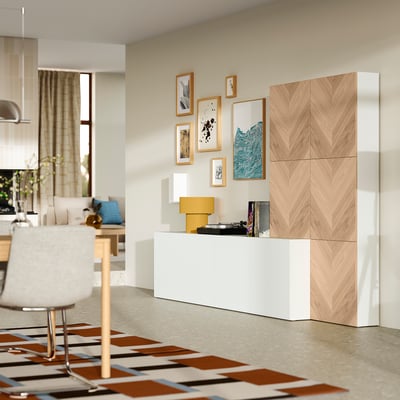 BESTÅ Storage combination with doors, white Lappviken/Hedeviken oak, 118 1/8x16 1/2x76 "