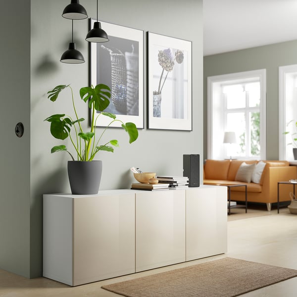 BESTÅ Storage combination with doors, white/Selsviken high-gloss/beige, 70 7/8x16 1/2x25 5/8 "