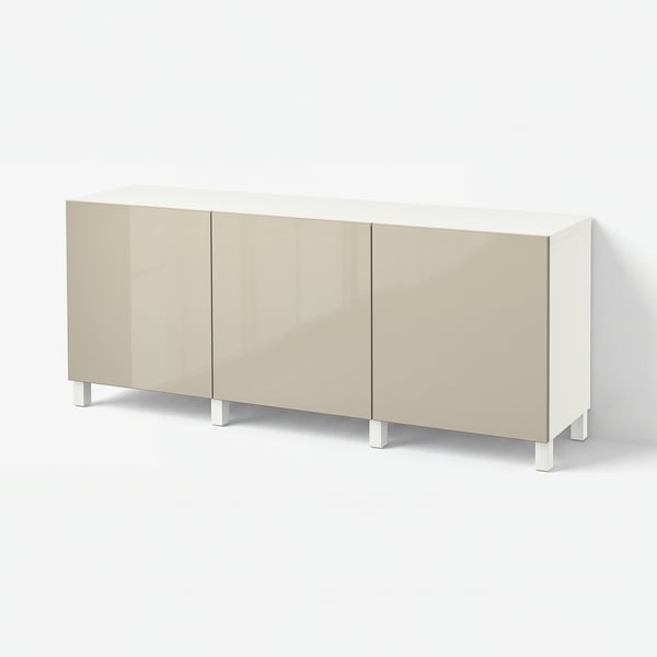 BESTÅ Storage combination with doors, white/Selsviken/Stubbarp high-gloss/beige, 70 7/8x16 1/2x29 1/8 "