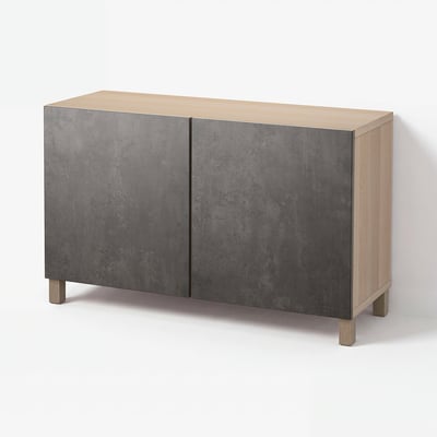 BESTÅ Storage combination with doors, white stained oak effect Kallviken/Stubbarp/dark gray concrete effect, 47 1/4x16 1/2x29 1/8 "