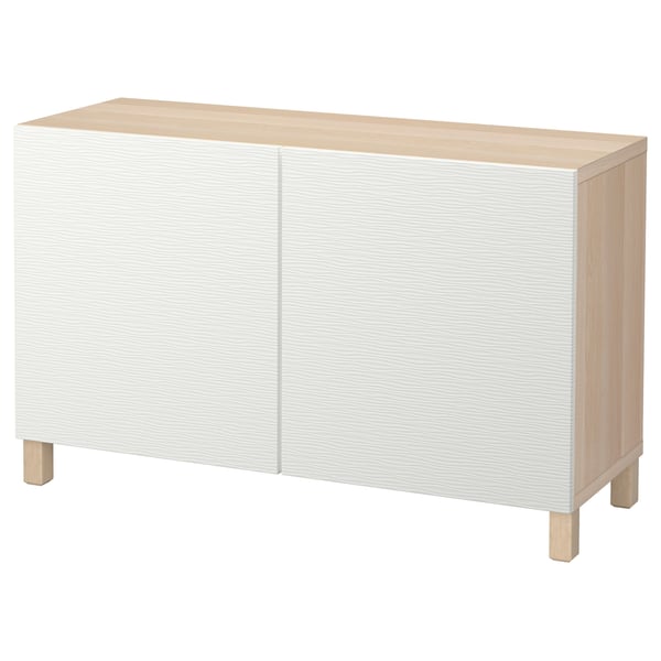 Minimalist white and natural wood sideboard, two doors, light wood legs, simple rectangular design.