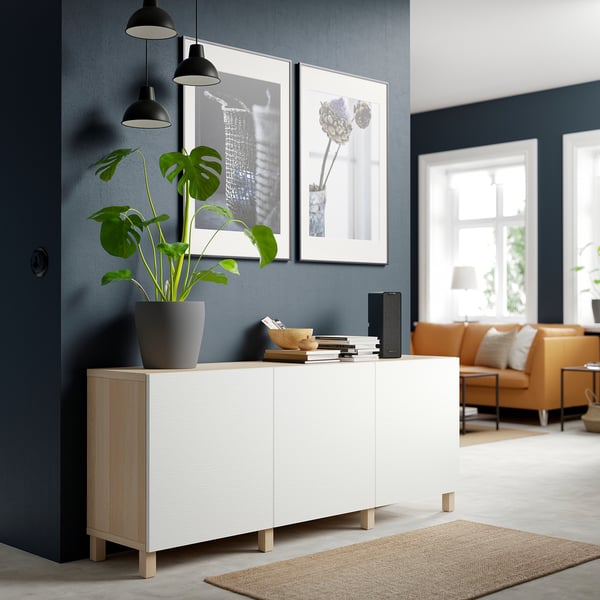 BESTÅ Storage combination with doors, white stained oak effect/Laxviken/Stubbarp white, 70 7/8x16 1/2x29 1/8 "