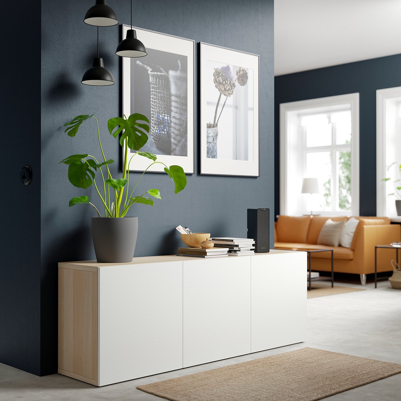 BESTÅ storage combination with doors, white stained oak effect