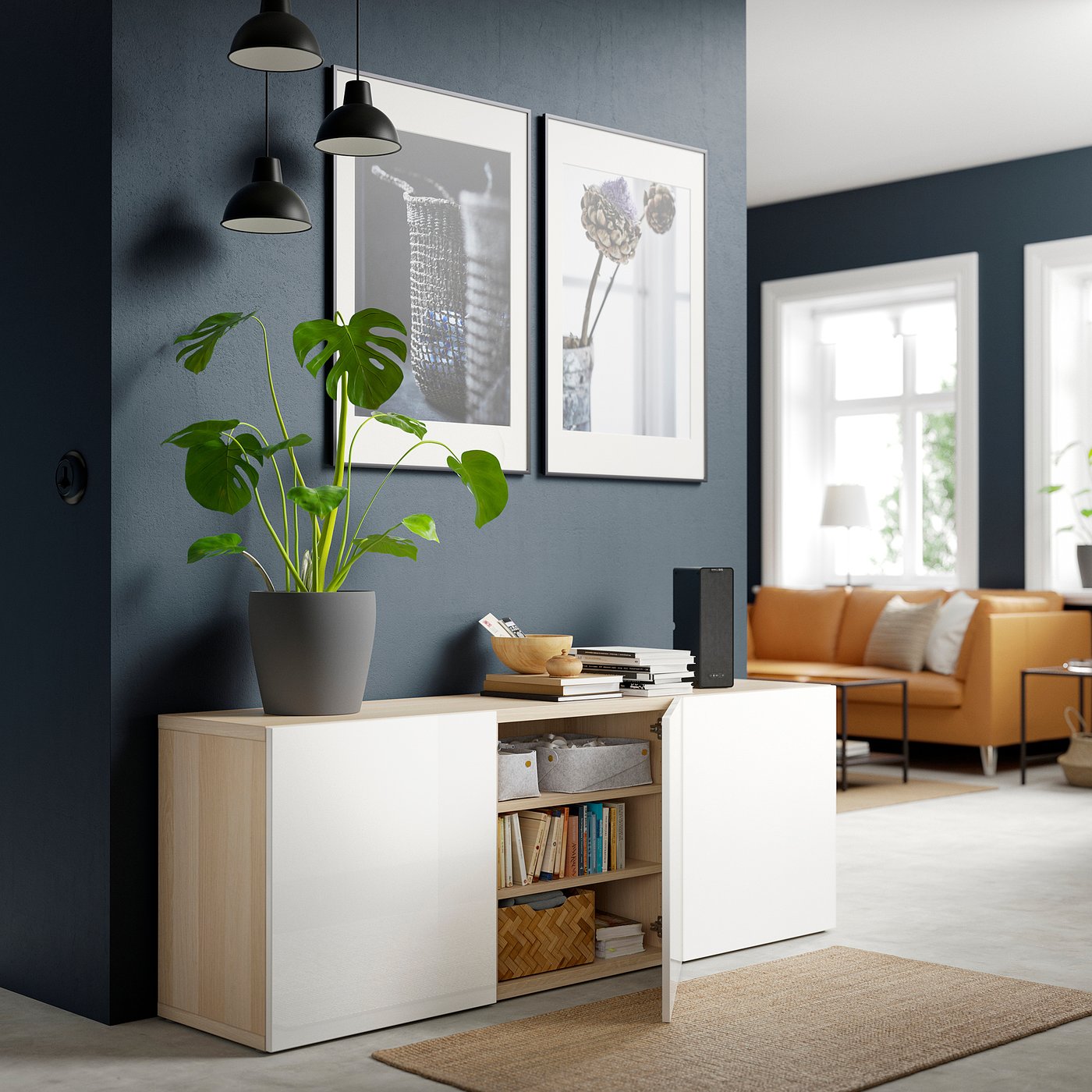 BESTÅ storage combination with doors, white stained oak