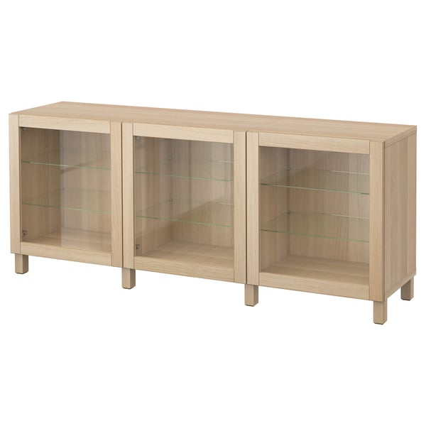 BESTÅ Storage combination with doors, white stained oak effect/Sindvik/Stubbarp wht stained oak effect clear glass, 70 7/8x16 1/2x29 1/8 "