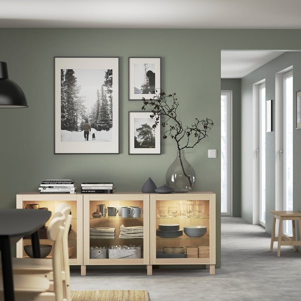 BESTÅ Storage combination with doors, white stained oak effect/Sindvik/Stubbarp wht stained oak effect clear glass, 70 7/8x16 1/2x29 1/8 "