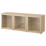 BESTÅ Storage combination with doors, white stained oak effect/Sindvik wht stained oak effect clear glass, 70 7/8x16 1/2x25 5/8 "