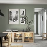 BESTÅ Storage combination with doors, white stained oak effect/Sindvik wht stained oak effect clear glass, 70 7/8x16 1/2x25 5/8 "