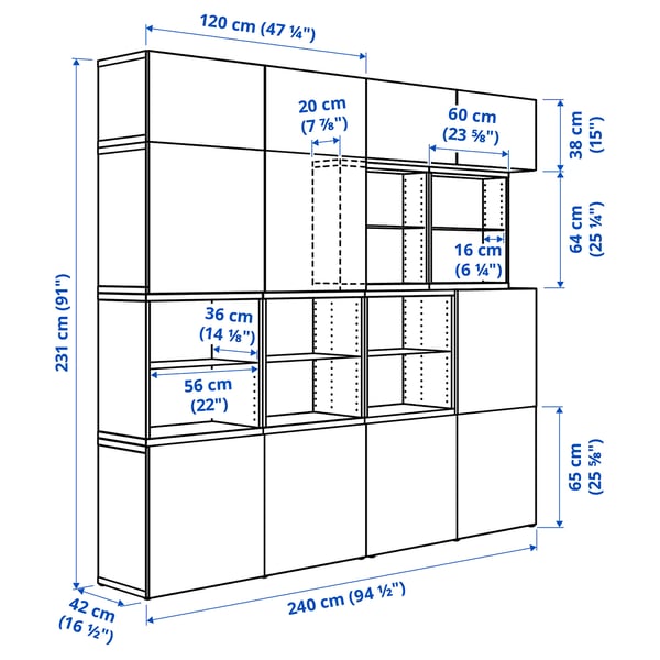 BESTÅ Storage combination with doors, white stained oak/Lappviken white, 94 1/2x16 1/2x91 "