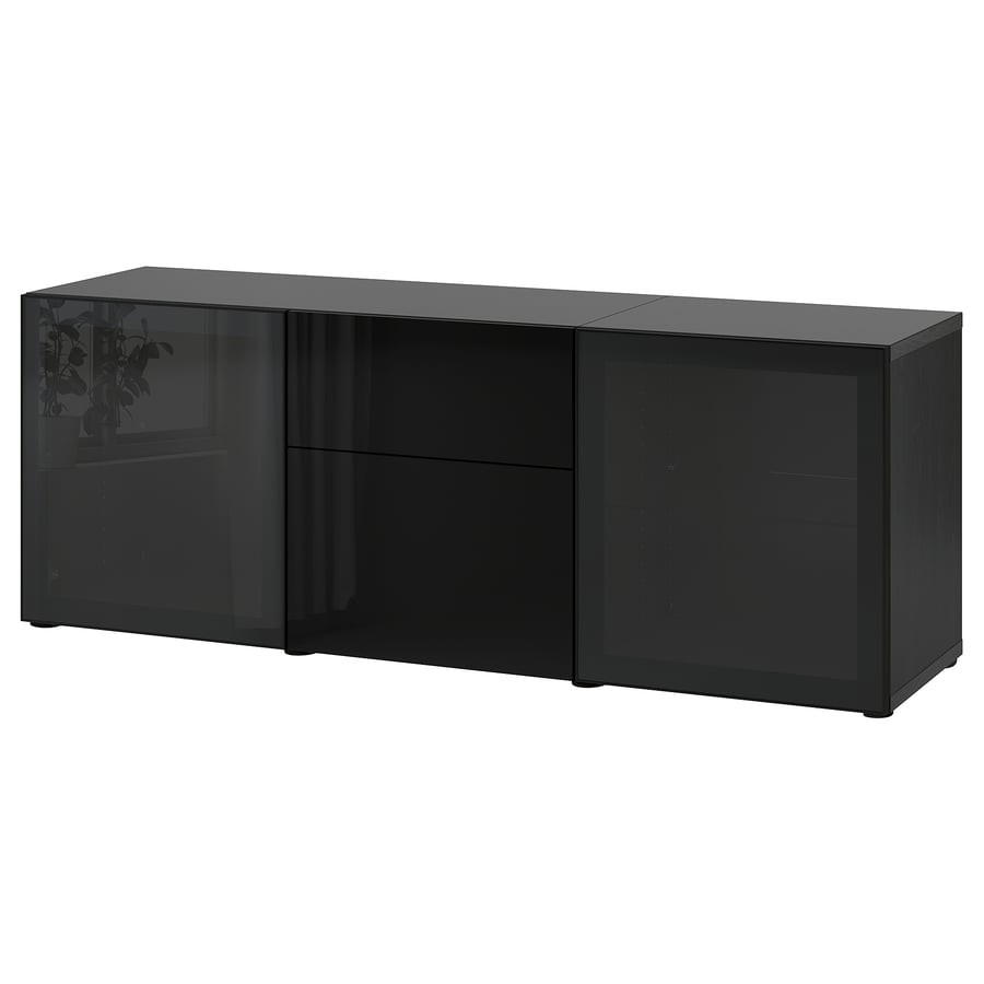 BESTÅ storage combination with drawers, blackbrown/Selsviken high gloss/black smoked glass, 707