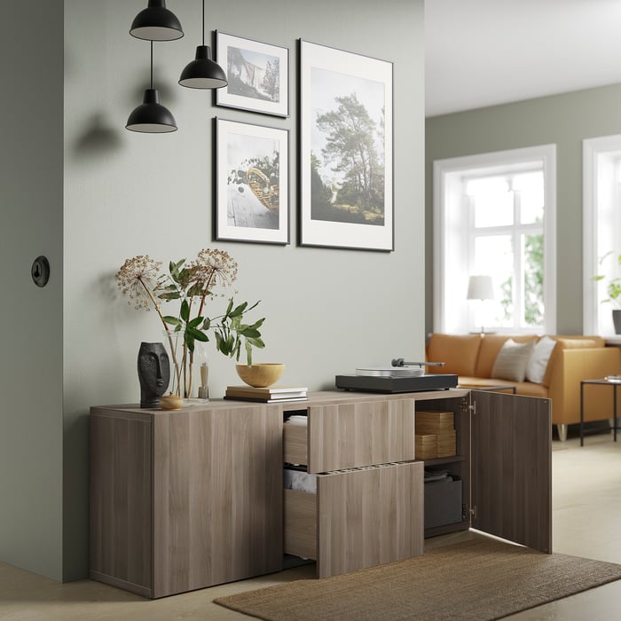 BESTÅ storage combination with drawers, walnut effect light gray