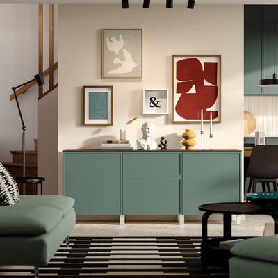 BESTÅ Storage combination with drawers, white/Krukmakare dark gray-green, 70 7/8x16 1/2x29 5/8 "