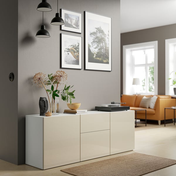 BESTÅ Storage combination with drawers, white/Selsviken high-gloss/beige, 70 7/8x16 1/2x25 5/8 "
