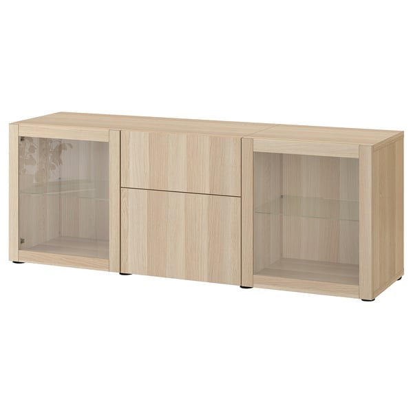 BESTÅ Storage combination with drawers, white stained oak effect Lappviken/Sindvik wht stained oak effect clear glass, 70 7/8x16 1/2x25 5/8 "