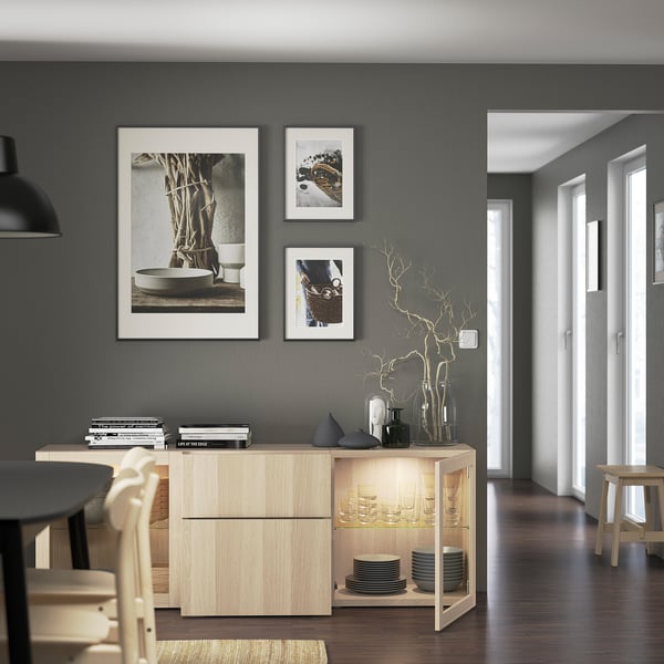 BESTÅ Storage combination with drawers, white stained oak effect Lappviken/Sindvik wht stained oak effect clear glass, 70 7/8x16 1/2x25 5/8 "