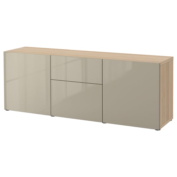 BESTÅ Storage combination with drawers, white stained oak effect/Selsviken high-gloss/beige, 70 7/8x16 1/2x25 5/8 "