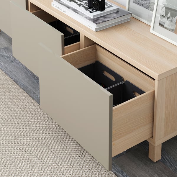 BESTÅ Storage combination with drawers, white stained oak effect/Selsviken high-gloss/beige, 70 7/8x15 3/4x18 7/8 "