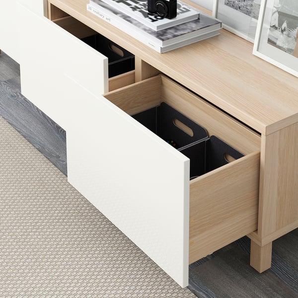 BESTÅ Storage combination with drawers, white stained oak effect/Selsviken high-gloss/white, 70 7/8x15 3/4x18 7/8 "
