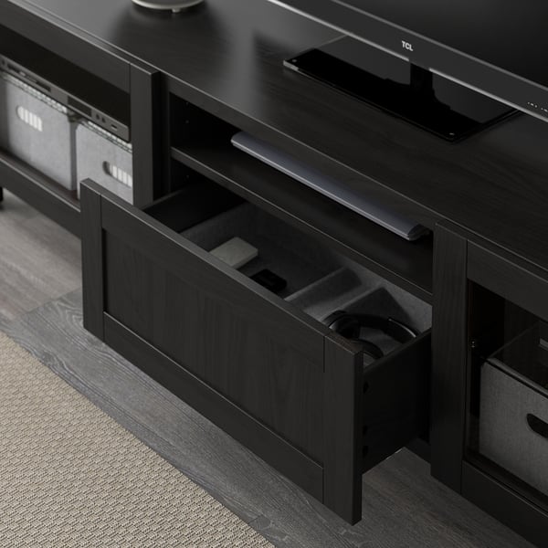 BESTÅ TV bench, black-brown/Hanviken/Stubbarp black-brown clear glass, 70 7/8x16 1/2x18 7/8 "