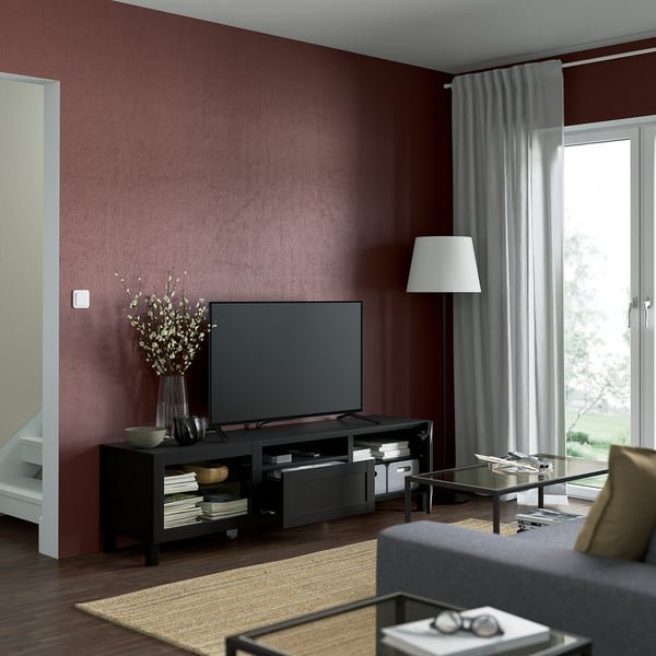 BESTÅ TV bench, black-brown/Hanviken/Stubbarp black-brown clear glass, 70 7/8x16 1/2x18 7/8 "