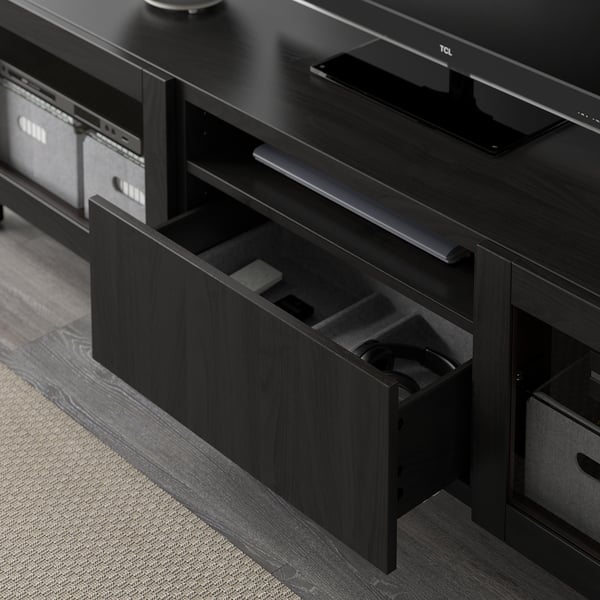 BESTÅ TV bench, black-brown/Lappviken/Stubbarp black-brown clear glass, 70 7/8x16 1/2x18 7/8 "