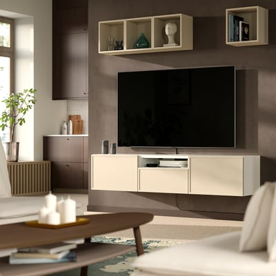 BESTÅ TV bench, white/Krukmakare beige, 70 7/8x16 1/2x15 3/8 "